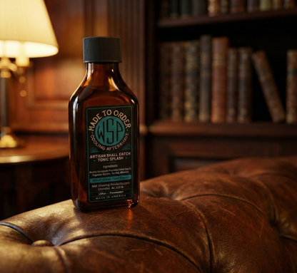 wsp cooling aftershave Placed on a rich brown worn leather surface, soft warm ambient lamp lighting casting a golden glow, dark blurred background of a vintage study with old books and dark wood paneling, cinematic lighting, luxurious feel, deep depth of field, 8k resolution.
