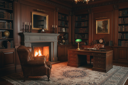 Dark vintage study with a worn leather armchair and mahogany paneling, embodying the classic wood, spice, and tobacco masculine fragrance aesthetic.