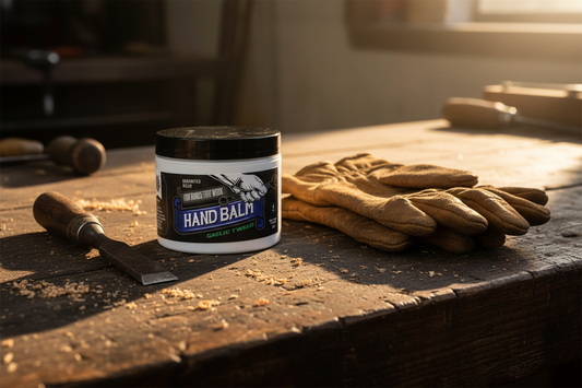 Centered on a heavily used, dark oil-stained wooden workbench surface, scattered with fine wood shavings and sawdust, next to a pair of well-worn brown leather work gloves and a vintage chisel tool, warm golden afternoon light streaming from the side creating deep shadows, gritty texture, authentic workshop atmosphere, photorealistic render, 8k resolution.