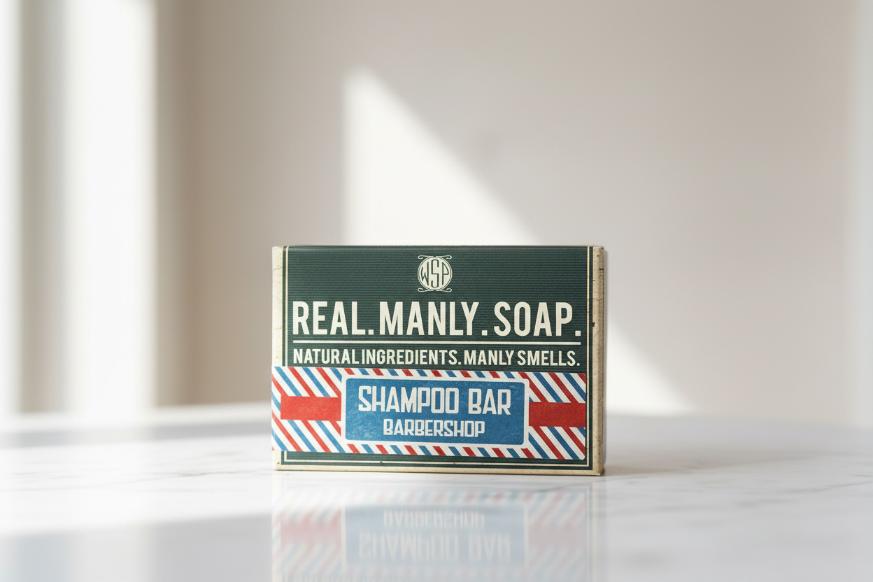 Shampoo bar packaging with 'Real Manly Soap' branding on a neutral background