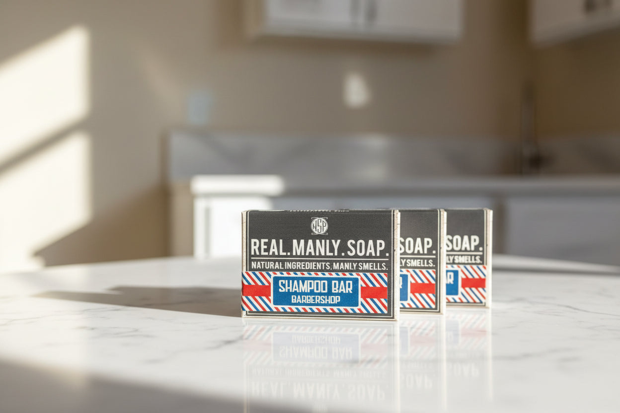 Three soap bars with labels on a marble surface