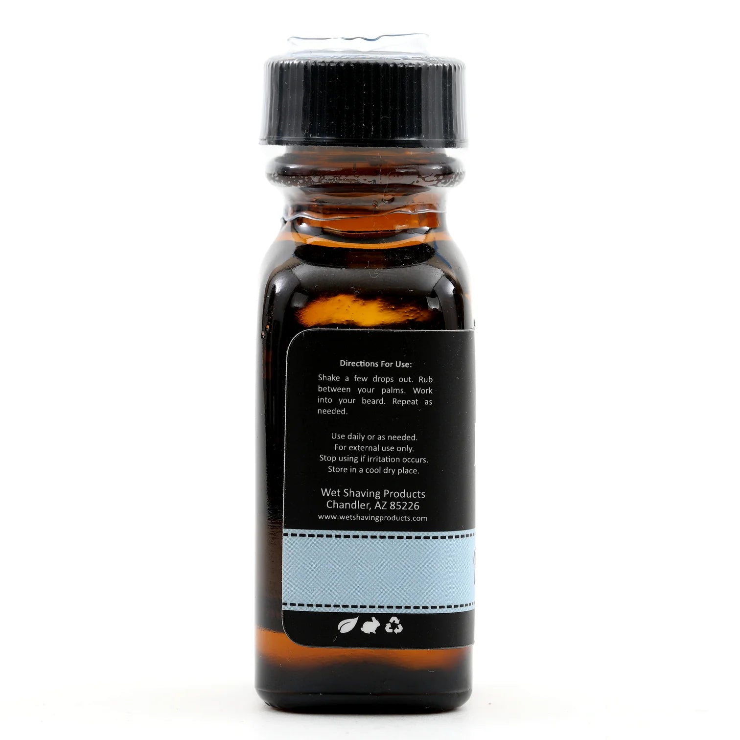 Wet Shaving Products' 1 fl oz amber bottle of Barbershop-scented vegan beard oil, a natural beard conditioner for clean beard care.