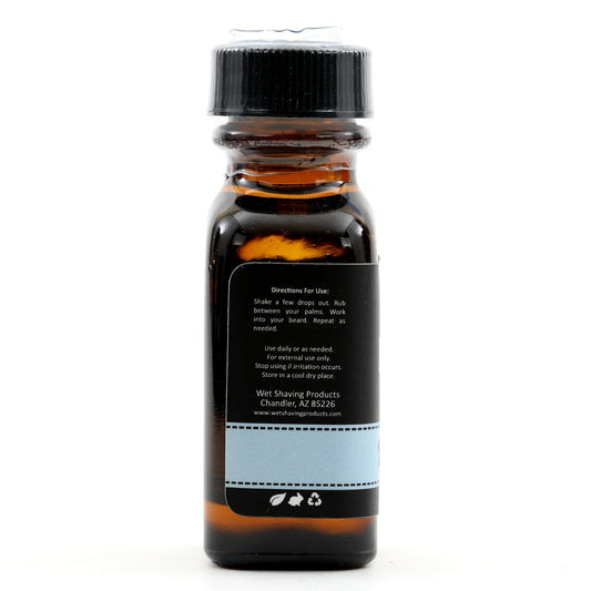 Wet Shaving Products' 1 fl oz amber bottle of Barbershop-scented vegan beard oil, a natural beard conditioner for clean beard care.