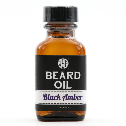Wet Shaving Products' 1 fl oz amber bottle of Black Amber-scented vegan beard oil, a natural beard conditioner for clean beard care.