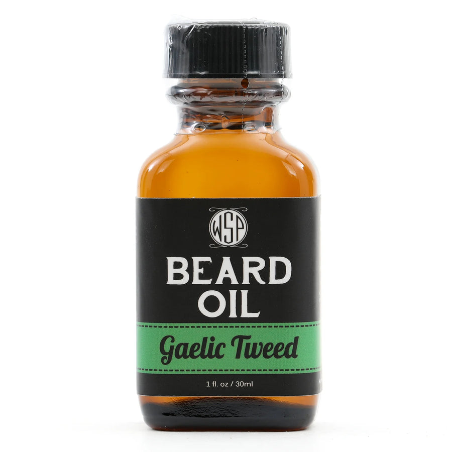 Wet Shaving Products' 1 fl oz amber bottle of Gaelic Tweed-scented vegan beard oil, a natural beard conditioner for clean beard care.