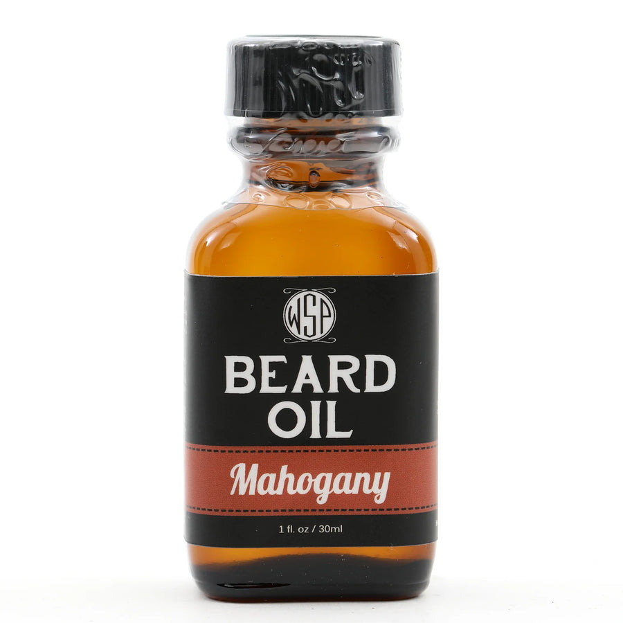 Wet Shaving Products' 1 fl oz amber bottle of Mahogany-scented vegan beard oil, a natural beard conditioner for clean beard care.