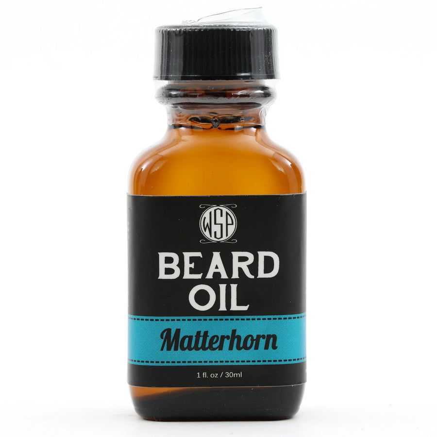 Wet Shaving Products' 1 fl oz amber bottle of Matternhorn-scented vegan beard oil, a natural beard conditioner for clean beard care.