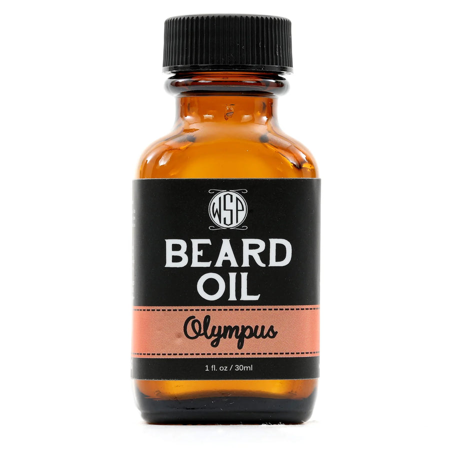 Wet Shaving Products' 1 fl oz amber bottle of Olympus-scented vegan beard oil, a natural beard conditioner for clean beard care.