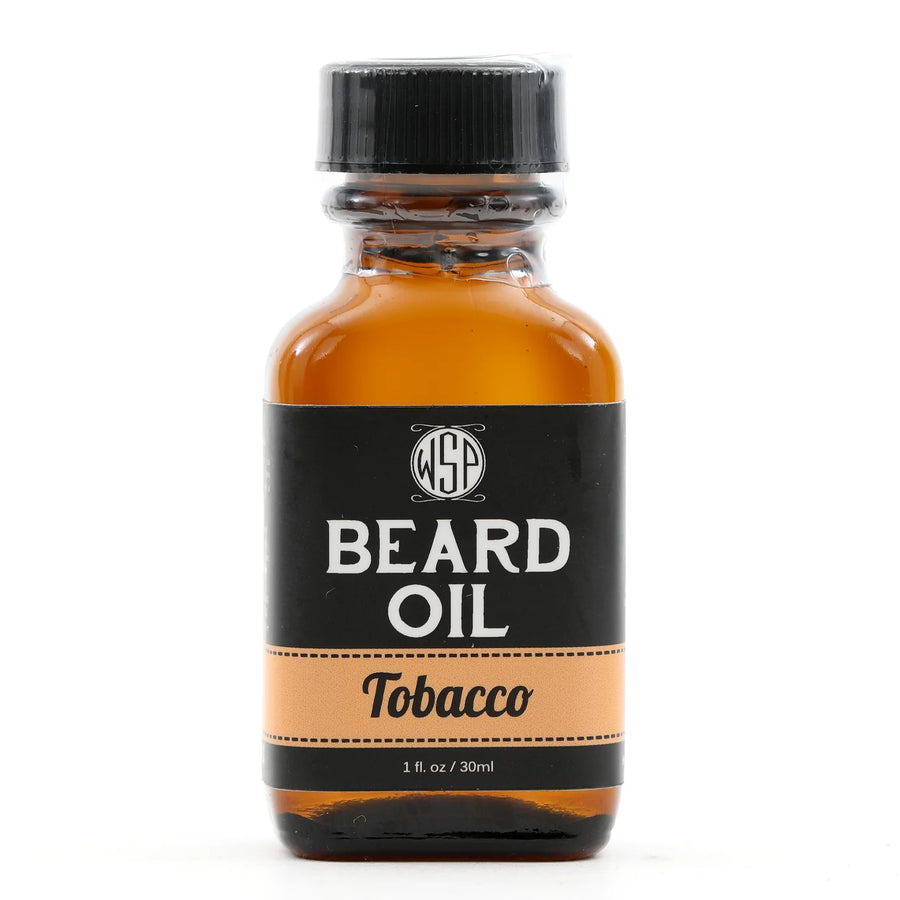 Wet Shaving Products' 1 fl oz amber bottle of Tobacco-scented vegan beard oil, a natural beard conditioner for clean beard care.