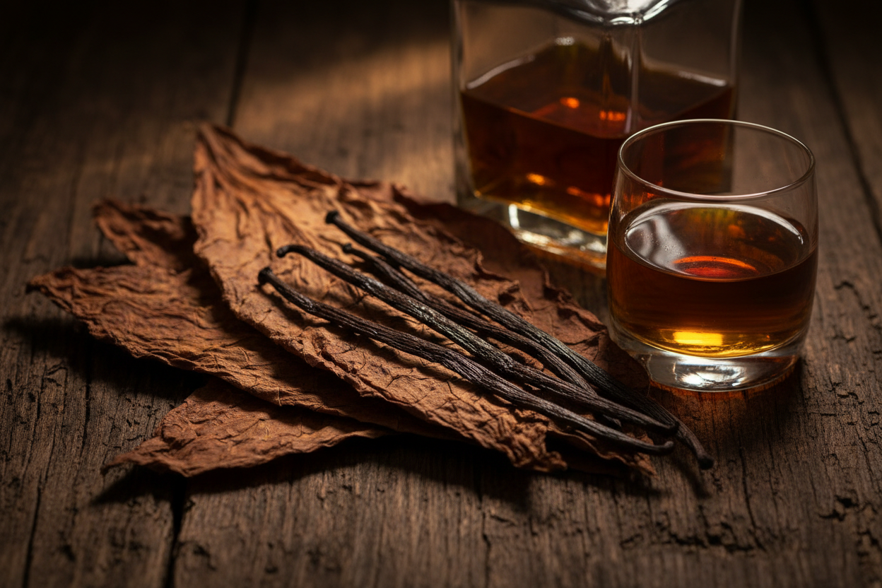 Cured tobacco leaves, whole Madagascar vanilla beans, rich amber liquid in glass, dark aged wooden surface, warm moody lighting, luxurious texture, cinematic photography, opulent atmosphere, deep brown and gold tones, macro lens