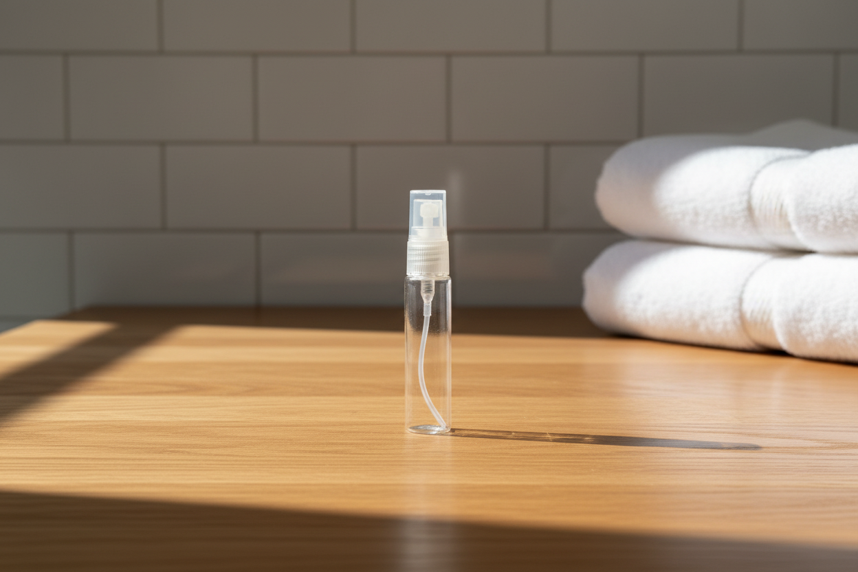 Clear spray bottle on a wooden surface with white towels in the background
