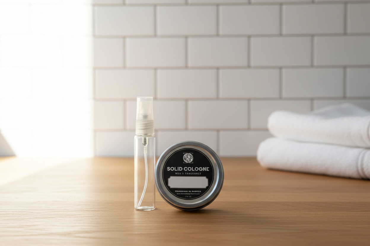 Solid cologne container and spray bottle on a wooden surface with a white tiled wall background.