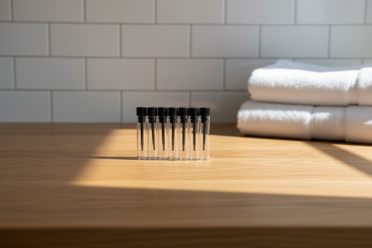 Set of small bottles with black caps on a wooden surface, with folded towels in the background.
