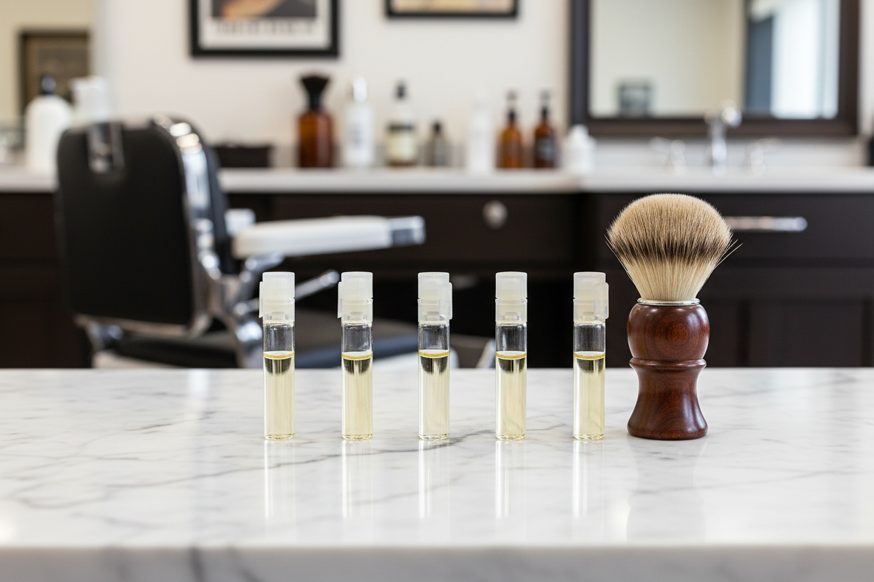 5 small glass perfume sample vials arranged in a row, marble countertop, barbershop background, shaving brush prop, clean white lighting, professional product photography, 4k, sharp focus, minimalist luxury. use actual product photos if possible.
