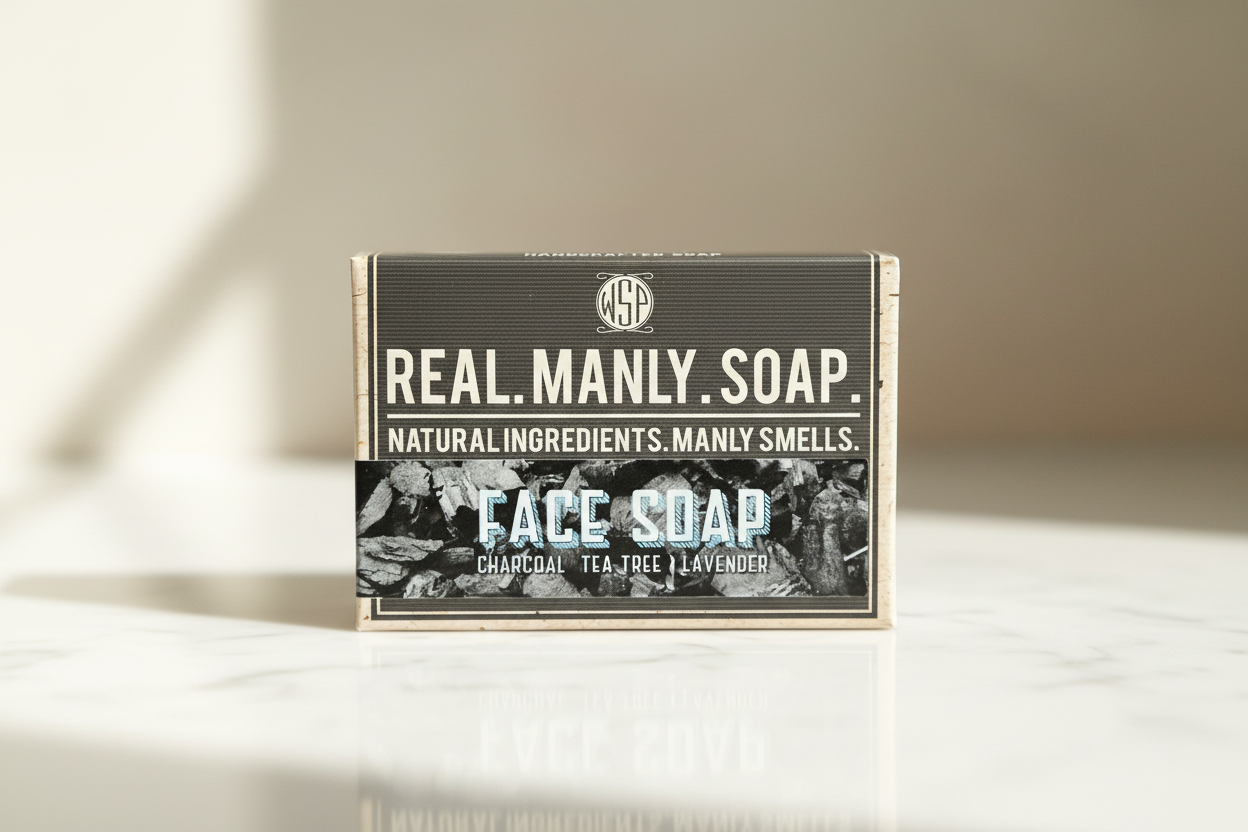 Box of Real Manly Face Soap on a light surface with a neutral background