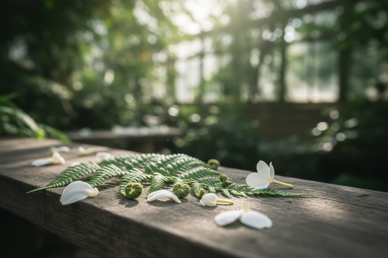 Resting on a weathered grey wooden surface, surrounded by fresh green fern leaves and soft white flower petals, bright natural sunlight filtering through foliage creating dappled light shadows, blurred background of a lush green garden or greenhouse, airy, fresh, botanical style, macro photography, high resolution.