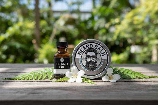 Beard oil and balm on a wooden surface with greenery in the background