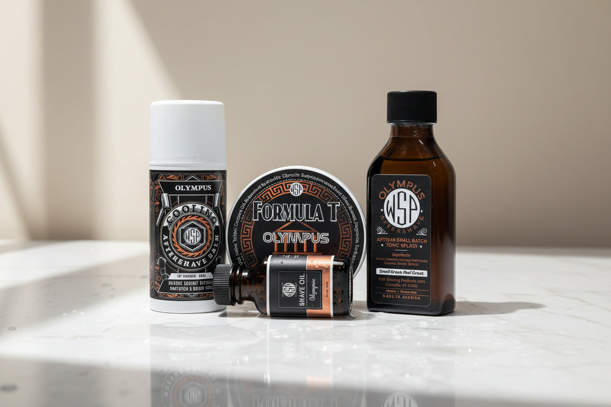 Collection of Olympus grooming products on a white background