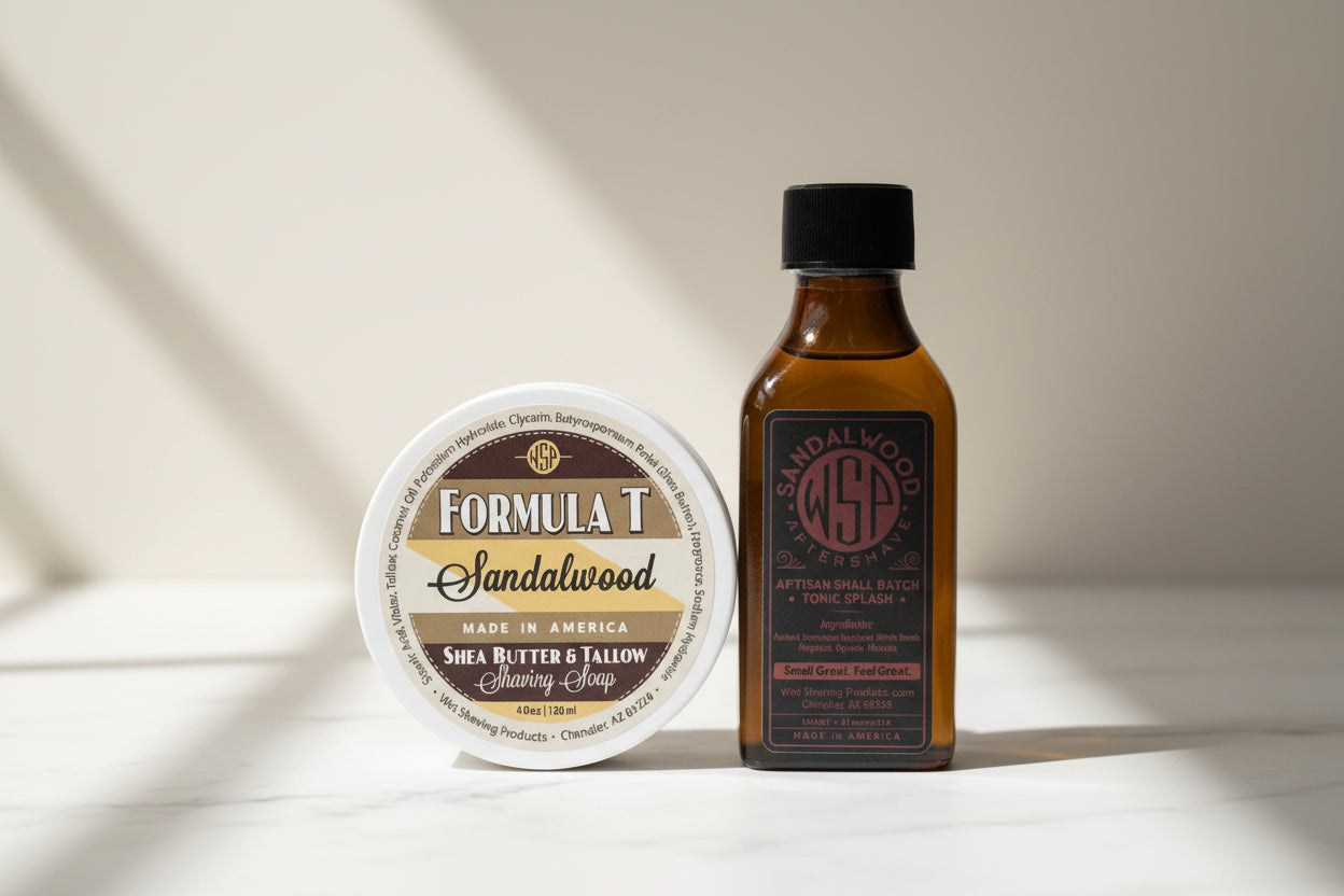 Formula T Sandalwood shaving soap and tonic splash bottle on a white background
