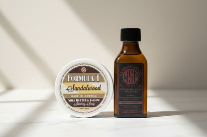 Formula T Sandalwood shaving soap and tonic splash bottle on a white background