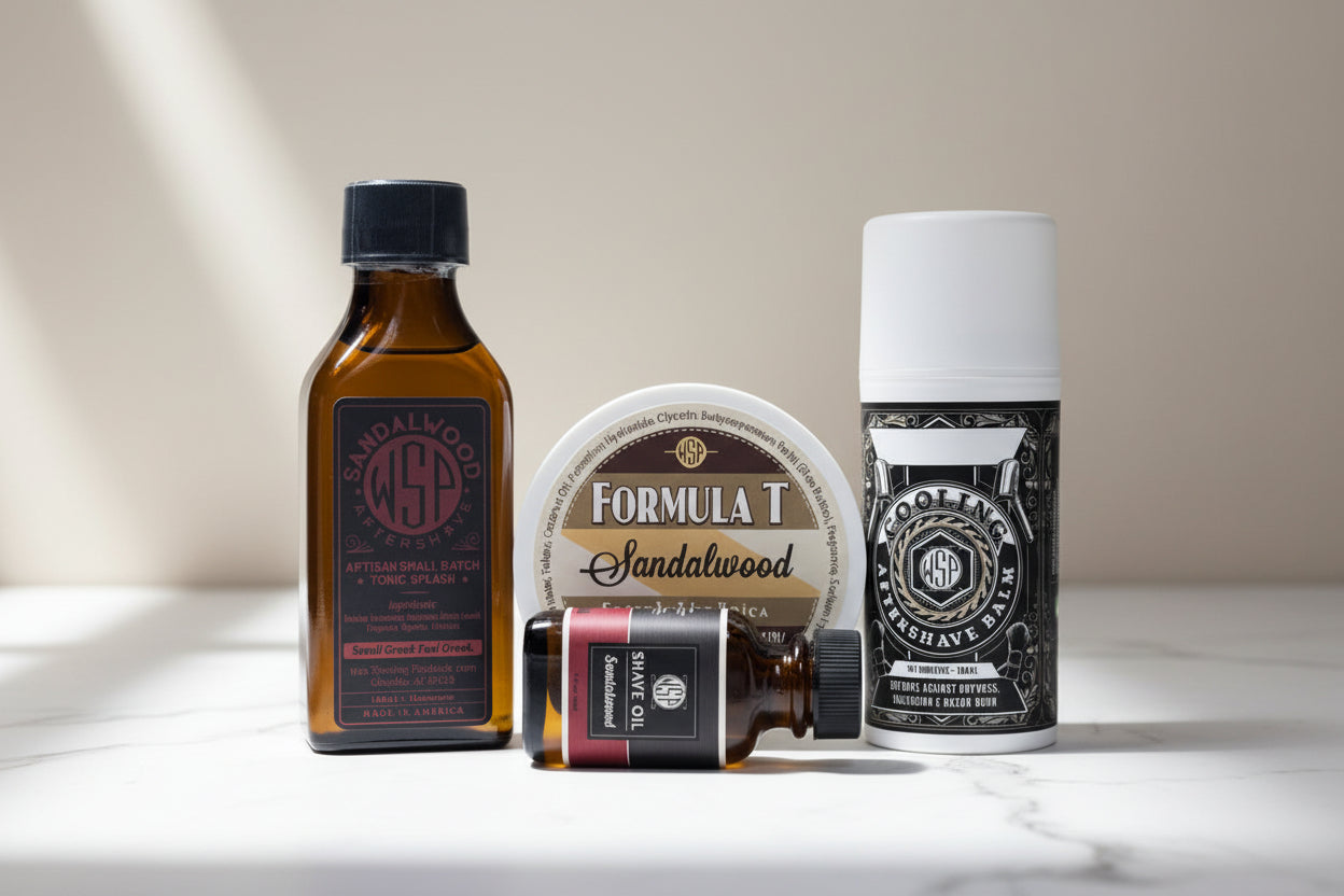 Collection of Formula T sandalwood grooming products on a white background