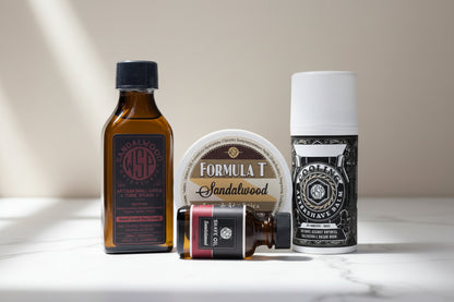 Collection of Formula T sandalwood grooming products on a white background