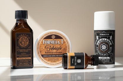 Collection of Formula T Tobacco grooming products on a white background