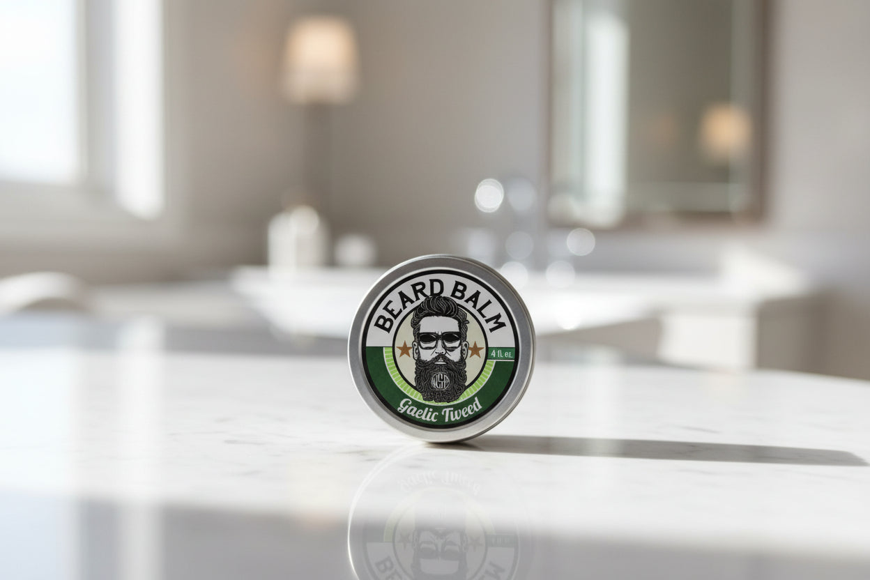 Beard balm container with a wsp logo on a marble surface