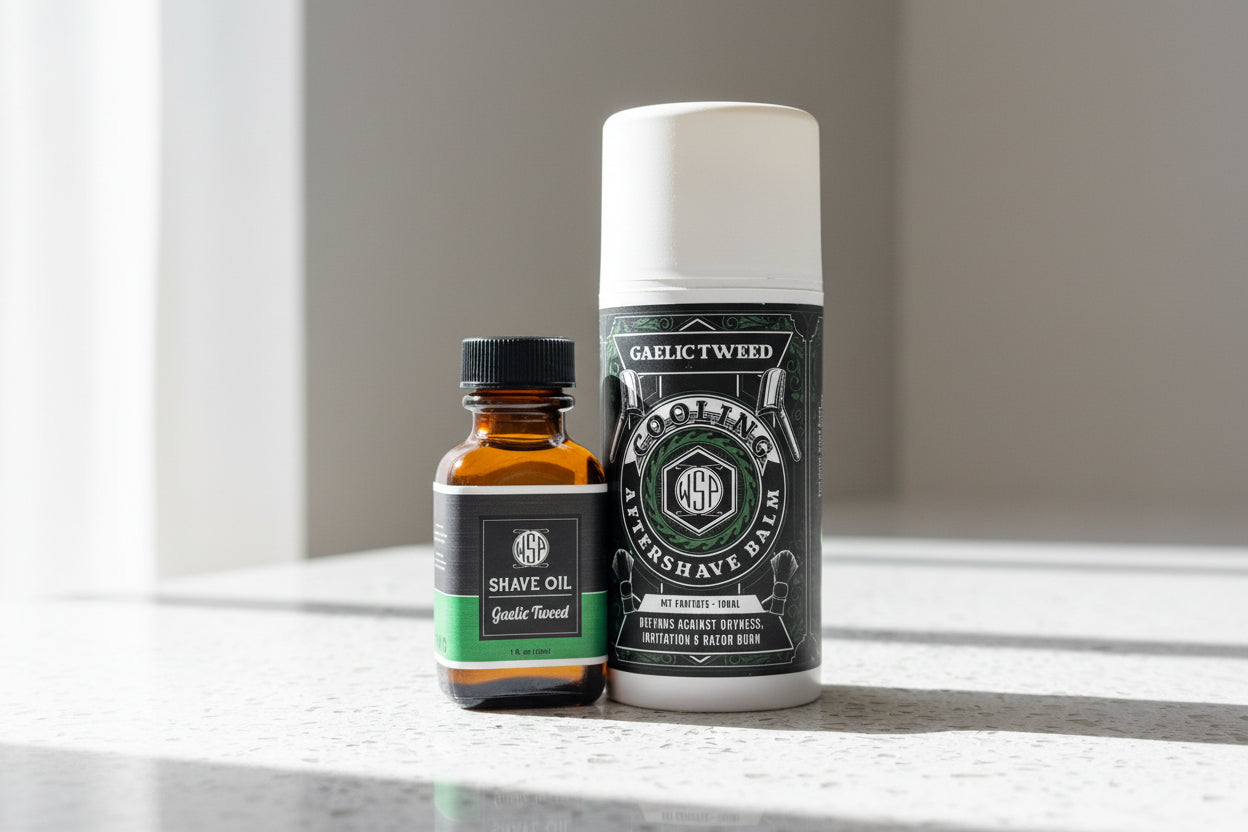 Two bottles of Gaelic Tweed grooming products on a marble counter.