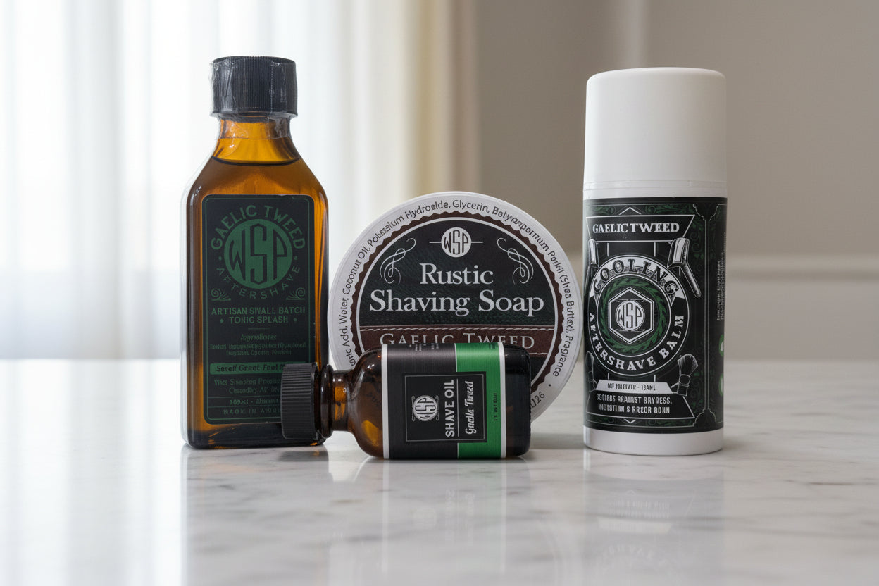 Collection of Rustic Tweed grooming products on a surface with a blurred background.