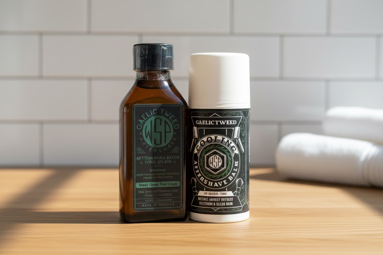 Two bottles of Gaelic Tweed aftershave and cooling balm on a white background