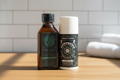 Two bottles of Gaelic Tweed aftershave and cooling balm on a white background