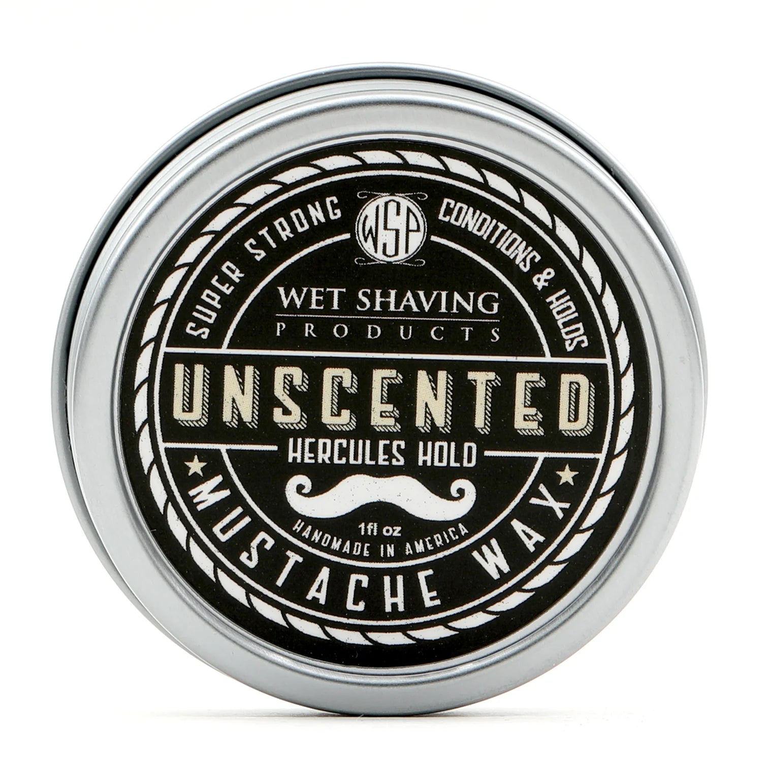 Front view of Hercules Hold Mustache Wax tin with 'Unscented' label.