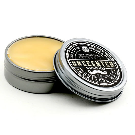 Open Hercules Hold Mustache Wax tin in 'Unscented' variant, lid leaning against the base.