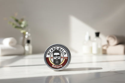 Beard balm container with a label featuring a beard illustration on a textured surface.