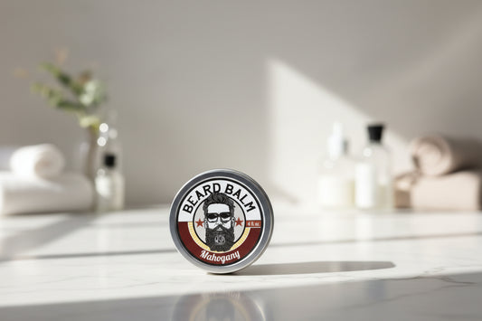 Beard balm container with a label featuring a beard illustration on a textured surface.