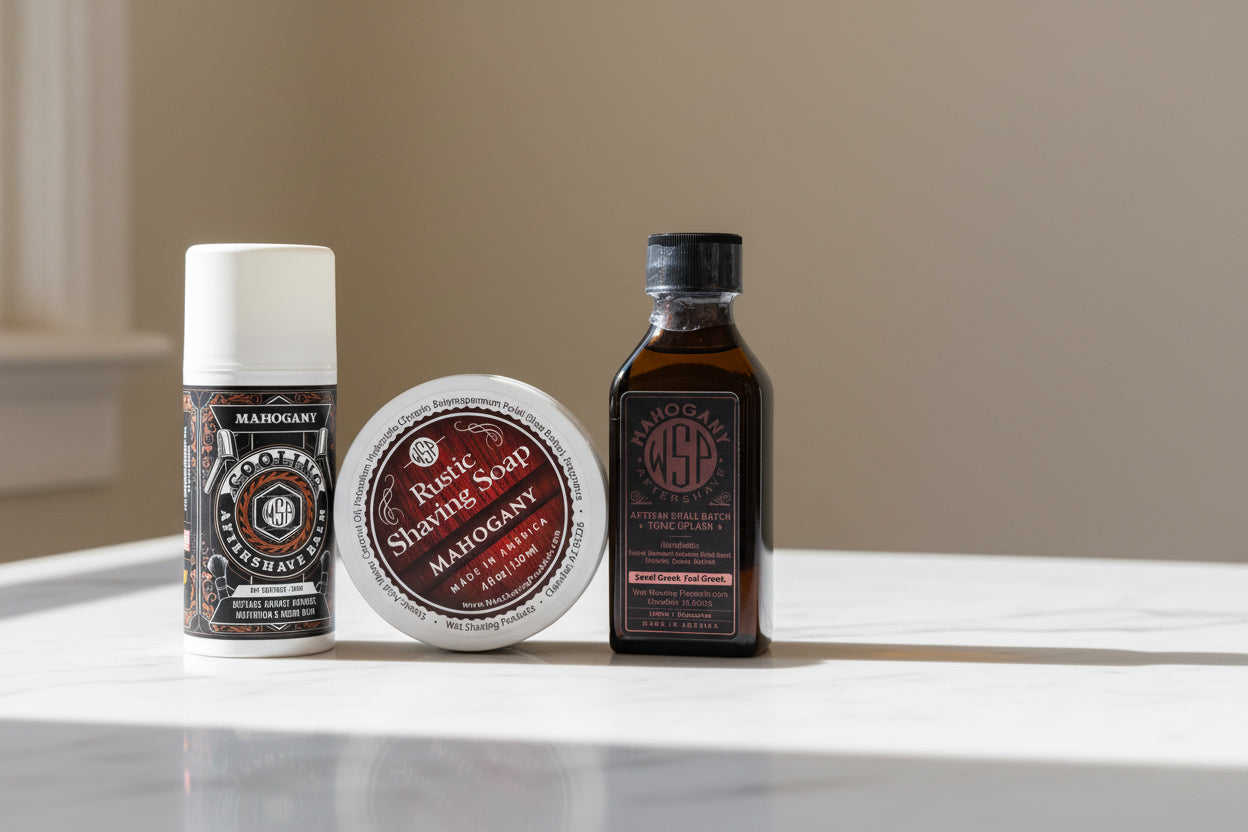 Three grooming products on a white surface with a neutral background