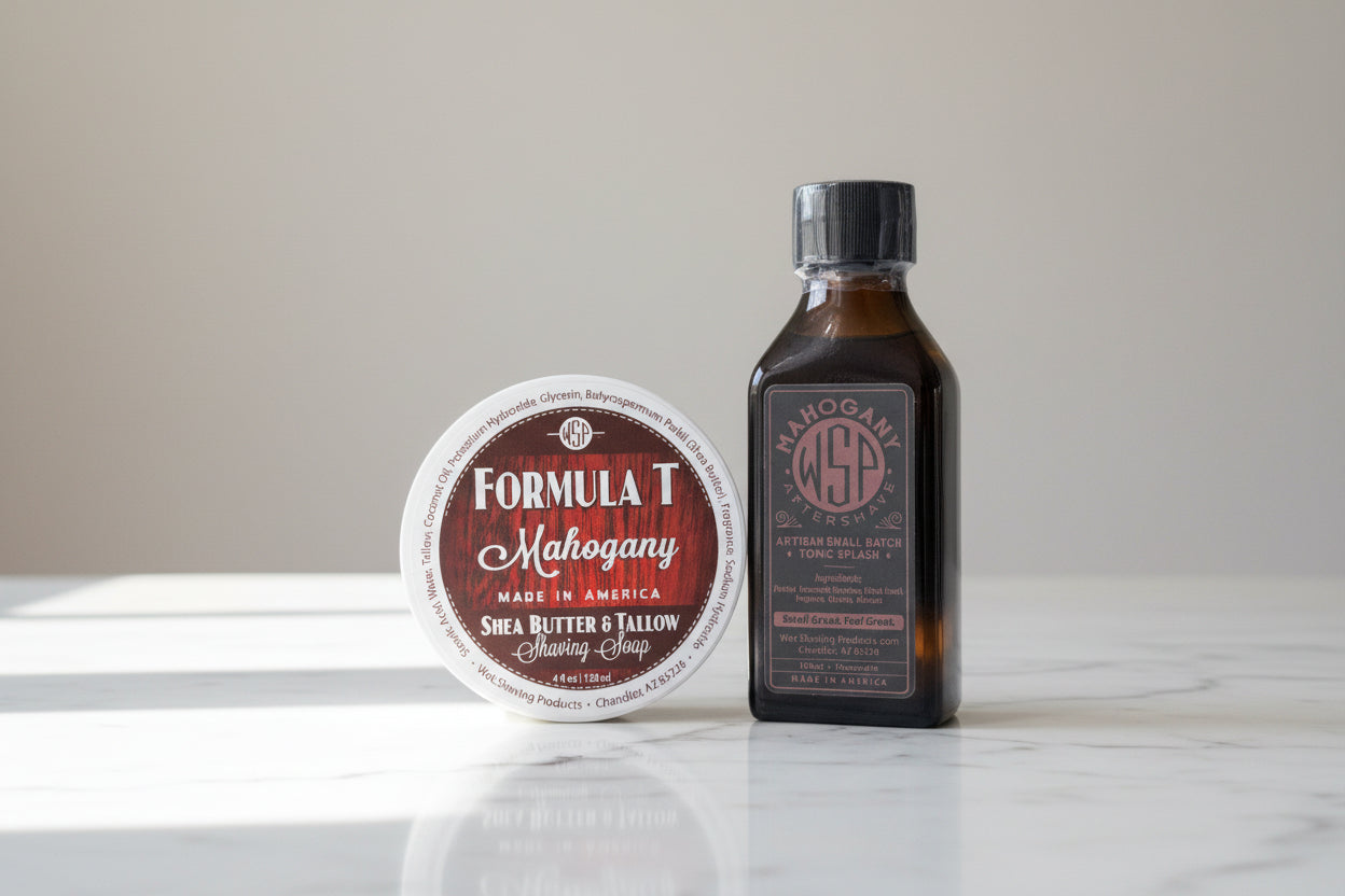 Formula T Mahogany shaving soap and bottle on a kitchen counter