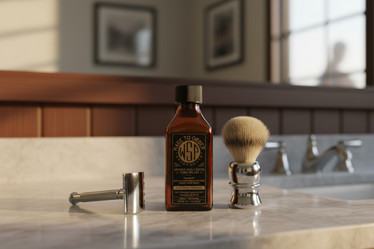 Sitting on a cool grey marble bathroom countertop, next to a traditional chrome safety razor and a shaving brush, warm morning light reflecting on the surface, out of focus background of dark wood wainscoting and a mirror reflection, clean, classic barbershop atmosphere, photorealistic render.