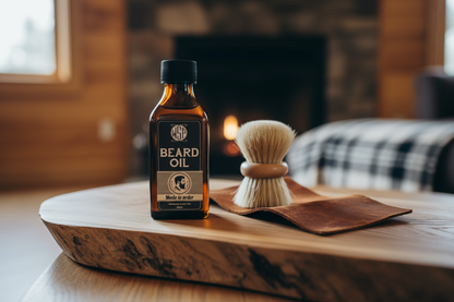 Resting on a rustic live-edge oak wood slab, next to a natural boar bristle beard brush and a piece of worn brown leather, soft natural window light from the side, blurred background of a cozy cabin interior, macro photography style, shallow depth of field, sharp focus on the surface texture.