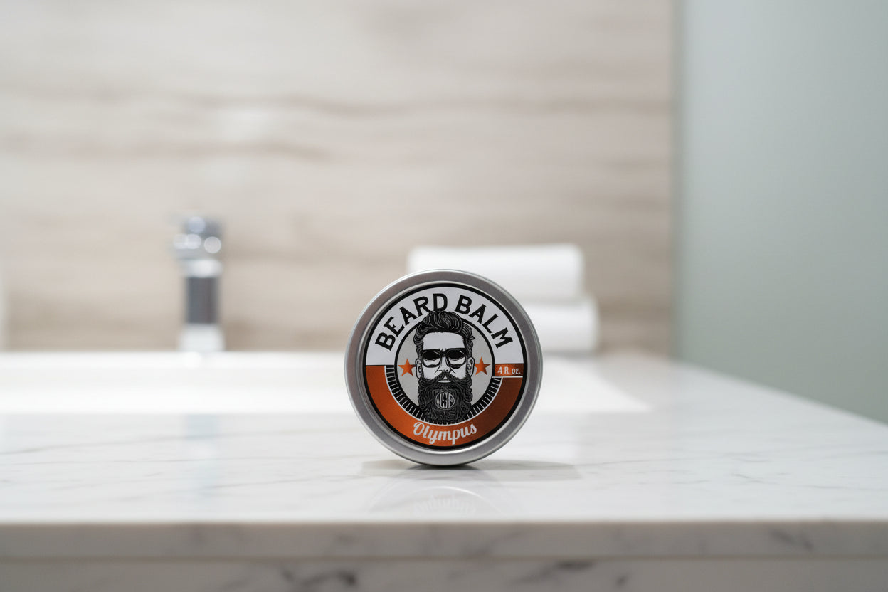 Beard balm container with label featuring a beard illustration on a textured surface.