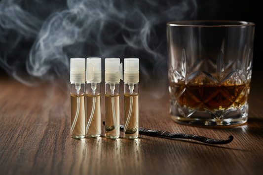 4 small glass perfume sample vials, dark oak wood table, moody lighting, smoke swirl in background, crystal whiskey glass prop, vanilla bean prop, high contrast, elegant, masculine, macro lens, 8k resolution. use actual product photos.