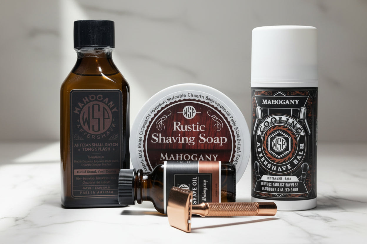 Collection of Mahogany brand shaving products on a bathroom counter.