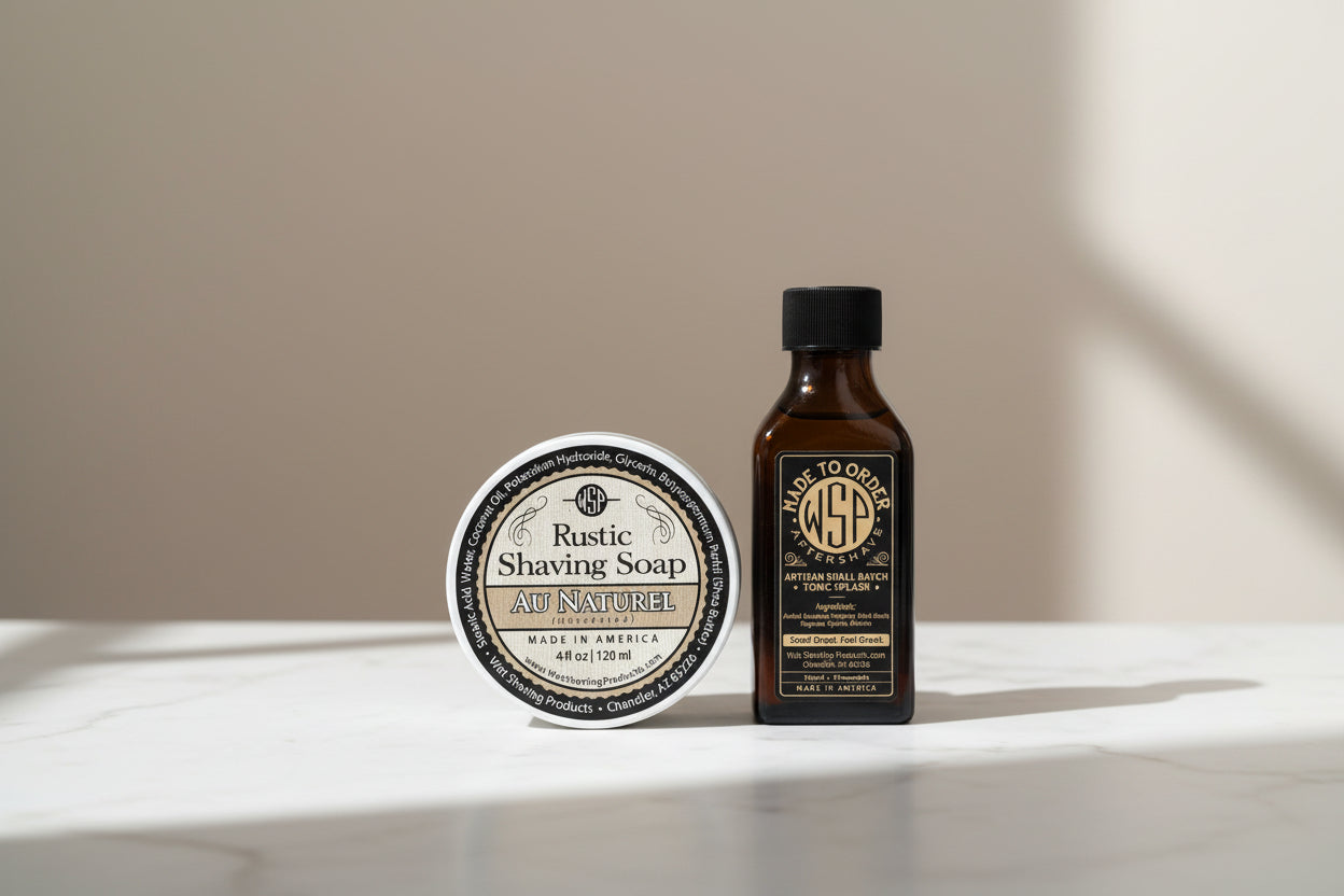 Rustic Shaving Soap and a bottle of WS Shave Company product on a white background