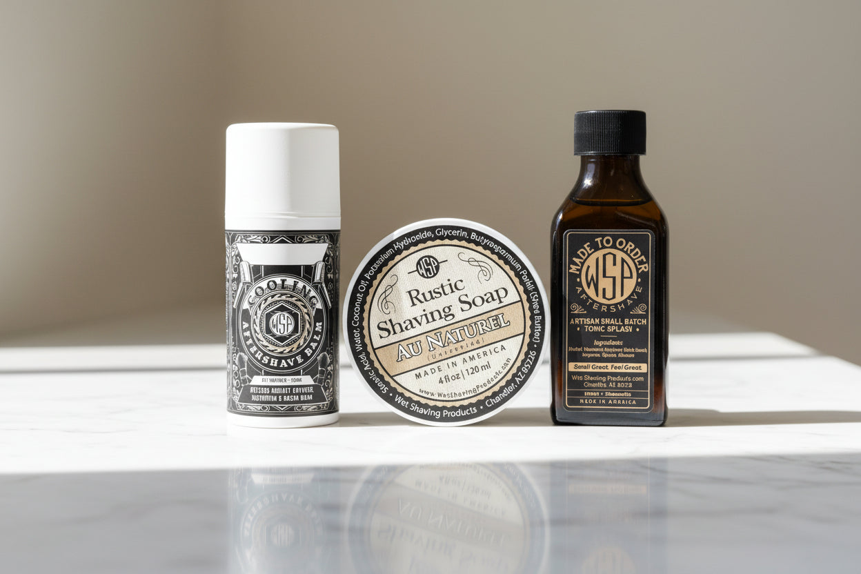 Three grooming products on a wooden surface: a can of cooling aftershave, a bar of rustic shaving soap, and a bottle of tonic splash.