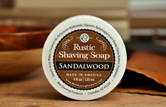 WSP small round container on table Sandalwood Rustic Shaving Soap