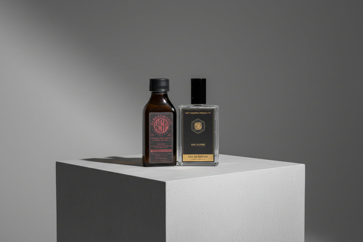 Two bottles of wet shaving products on a white platform with a gray background