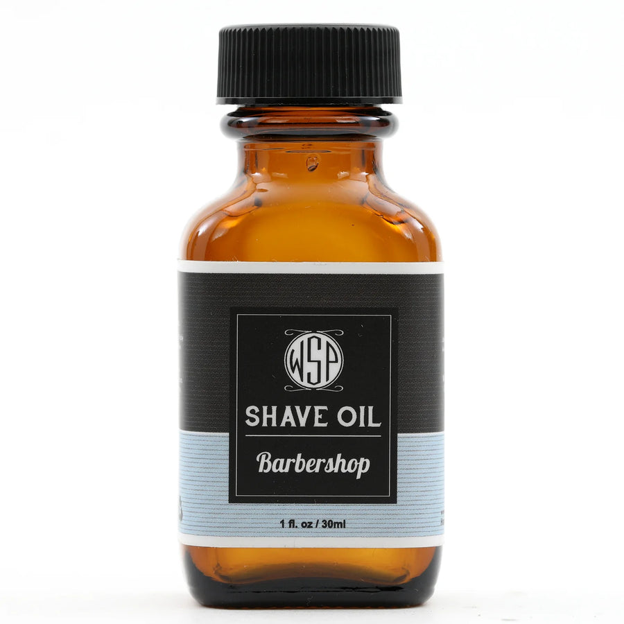 Small brown bottle of Barbershop shave oil