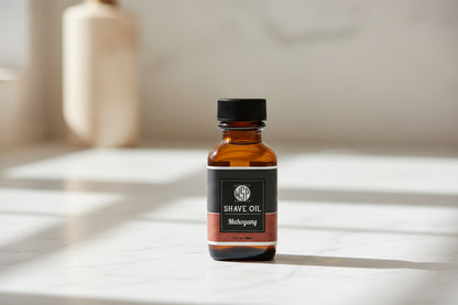 Bottle of shave oil with a black label on a white background