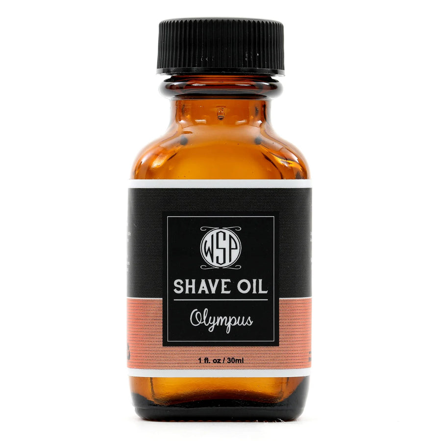 Small brown bottle of Olympus shave oil
